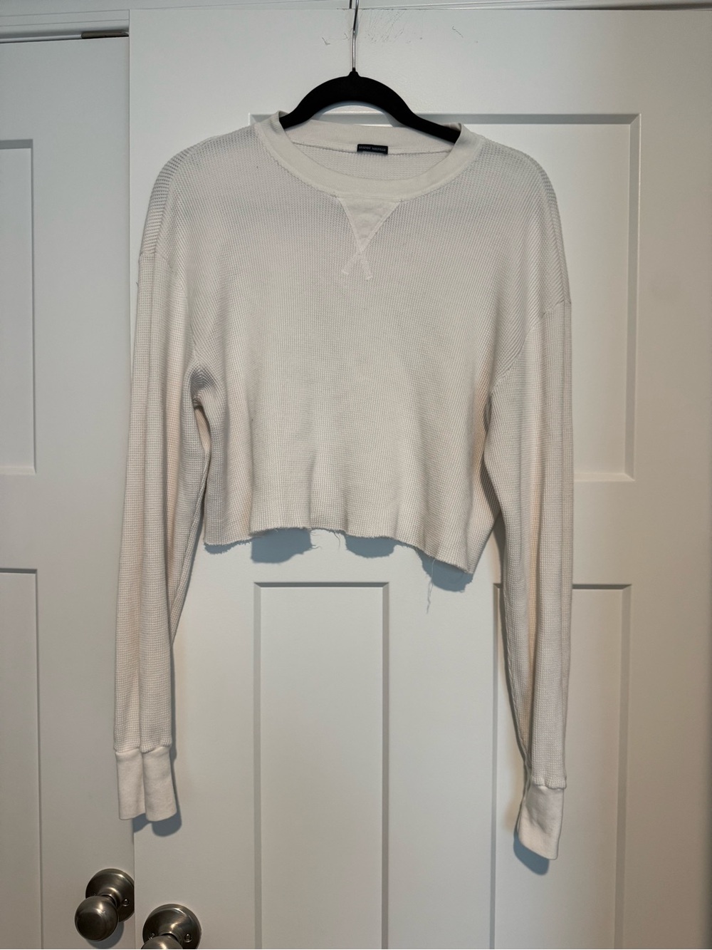 BRANDY MELVILLE Cropped Raw Hem Cream Waffle Long Sleeve - One Size